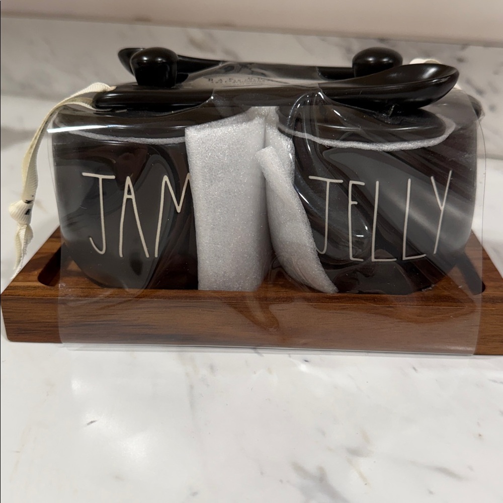 Rae Dunn - Black Jam and Jelly Ceramic Set with Wooden Tray